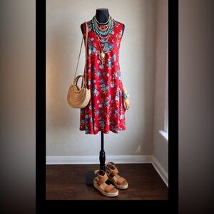 LOFT Red Floral Midi Dress